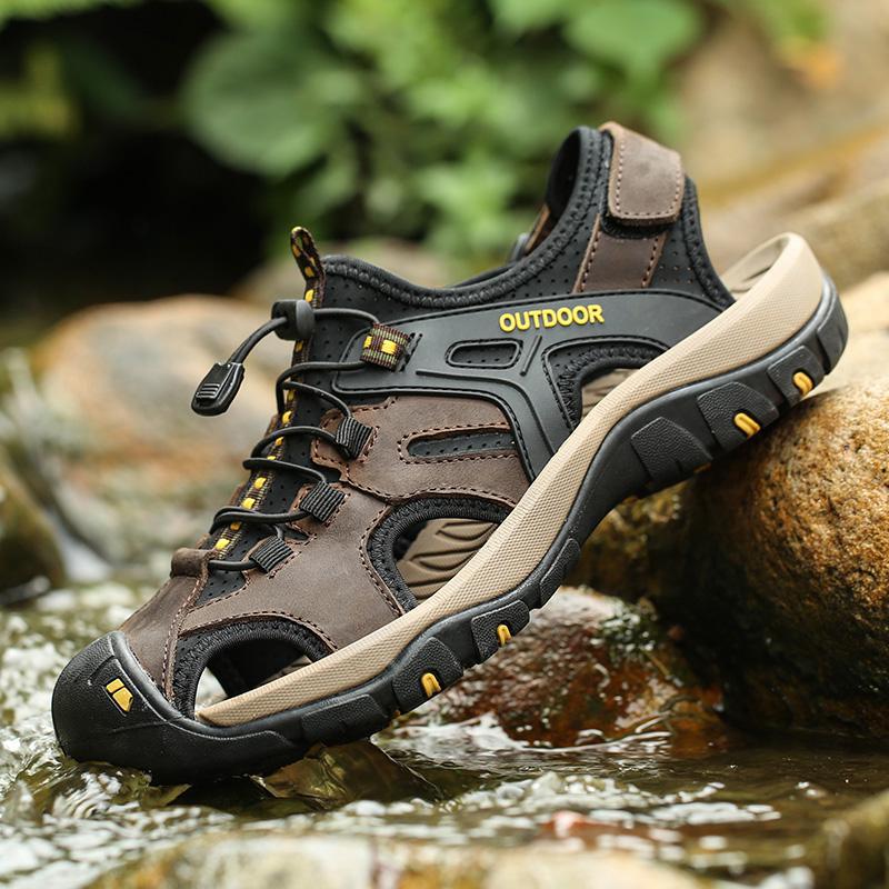 2023 Large Size 48 Genuine Leather Velcro Sandals Men'S Hollow Outdoor Casual Wading Beach Shoes - Image 4