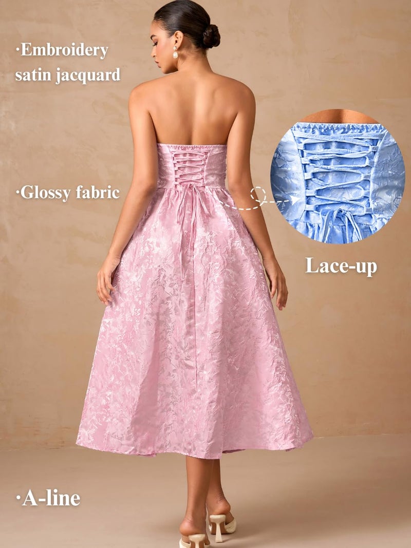 ShawGobow Strapless Corset Dress,Jacquard Formal Midi Dresses for Women,Wedding Guest Cocktail Party Outfits Pink Medium - Image 5