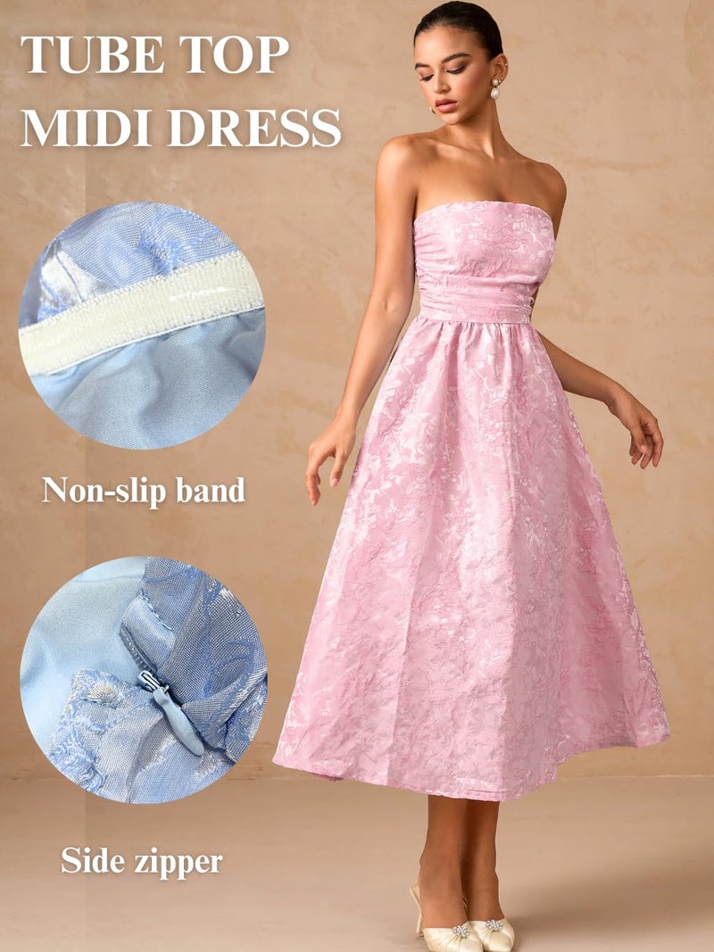 ShawGobow Strapless Corset Dress,Jacquard Formal Midi Dresses for Women,Wedding Guest Cocktail Party Outfits Pink Medium - Image 4