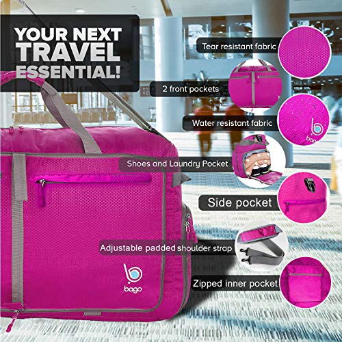 Bago Large Foldable Duffel Bags for Traveling Women & Men - 100L Packable Duffle Bag for Travel with Shoe Compartment - Water Repellant, Heavy Duty, Lightweight Folding & Collapsible (Pink) - Image 3