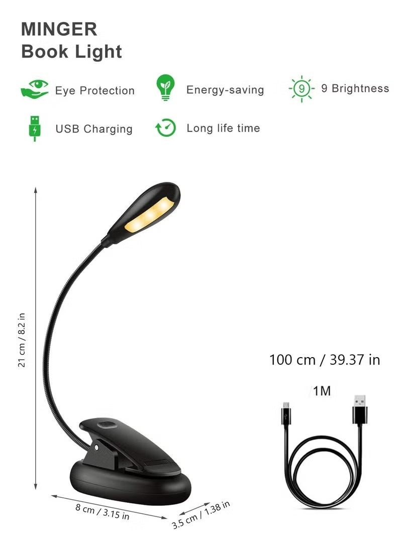 Book Light,LOOPITYS Reading Book Clip Light, 9 Modes, LED Clip Reading Light, Eye-Care USB Rechargeable Reading Lamp for Kids, Flexible Clip-on Book Light for Reading in Bed，desk lamp - Image 3