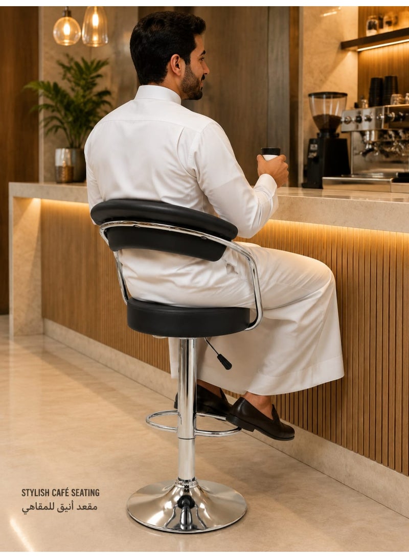 هبّة كرسي بار قابل للتعديل والدوران بزاوية 360 درجة، مزود بمسند ظهر مبطن ومسند للقدمين وقاعدة من الكروم – كرسي مرتفع قابل لتعديل الارتفاع للمطبخ والمقهى والبار – لون أسود - Image 5