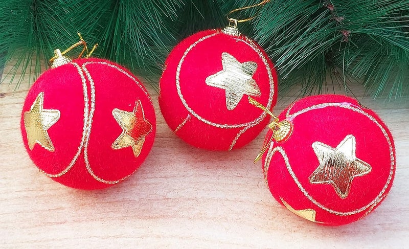 Partunay 3 Pcs Red Velvet Golden Star Printed Ball Christmas Xmas Tree Hanging Ornaments Xmas Christmas Decoration Item Christmas Ornaments - Image 2