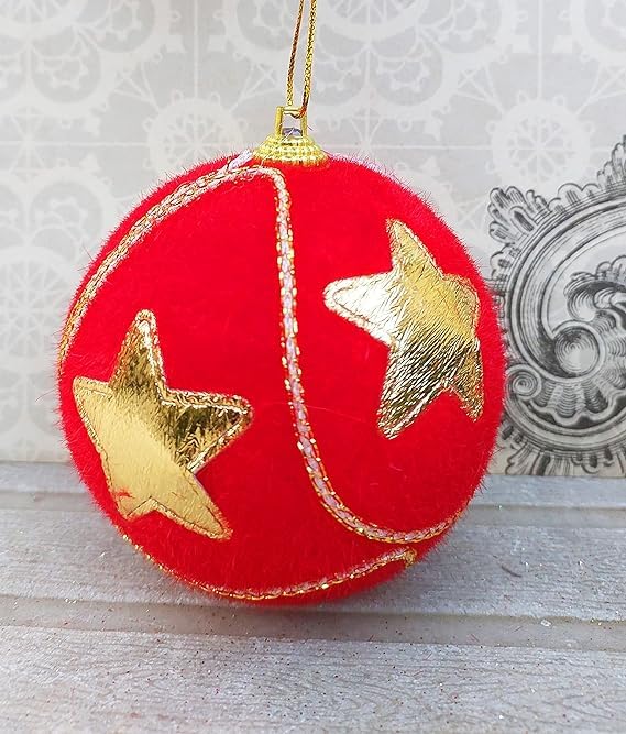 Partunay 3 Pcs Red Velvet Golden Star Printed Ball Christmas Xmas Tree Hanging Ornaments Xmas Christmas Decoration Item Christmas Ornaments - Image 4