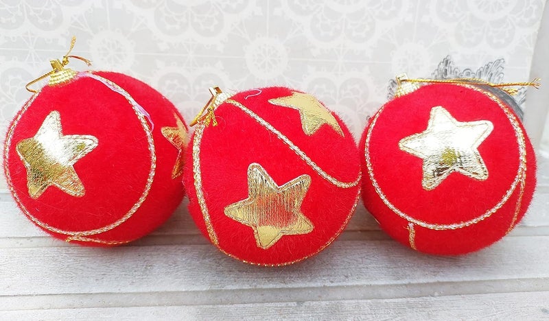 Partunay 3 Pcs Red Velvet Golden Star Printed Ball Christmas Xmas Tree Hanging Ornaments Xmas Christmas Decoration Item Christmas Ornaments - Image 1