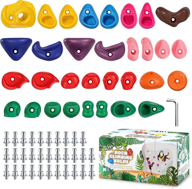 TOPNEW 32 Rock Climbing Holds Multi Size for Kids, Adult Rock Wall Holds Climbing Rock Wall Grips for Indoor and Outdoor Playground Play Set - Includes 2 Inch Mounting Hardware - Image 1