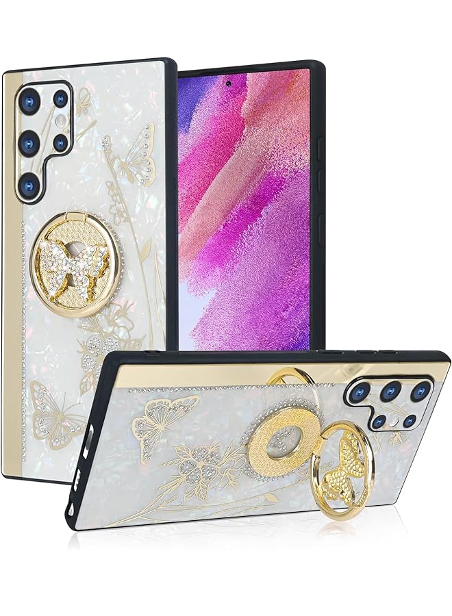 Case For Samsung Galaxy S24 Plus With Ring Stand erfly Diamond Case For Women Elegant Rhinestone Diamond Back Pc+ Soft Tpu Bumper Shockproof Cover Galaxy S24 Plus White - Image 1