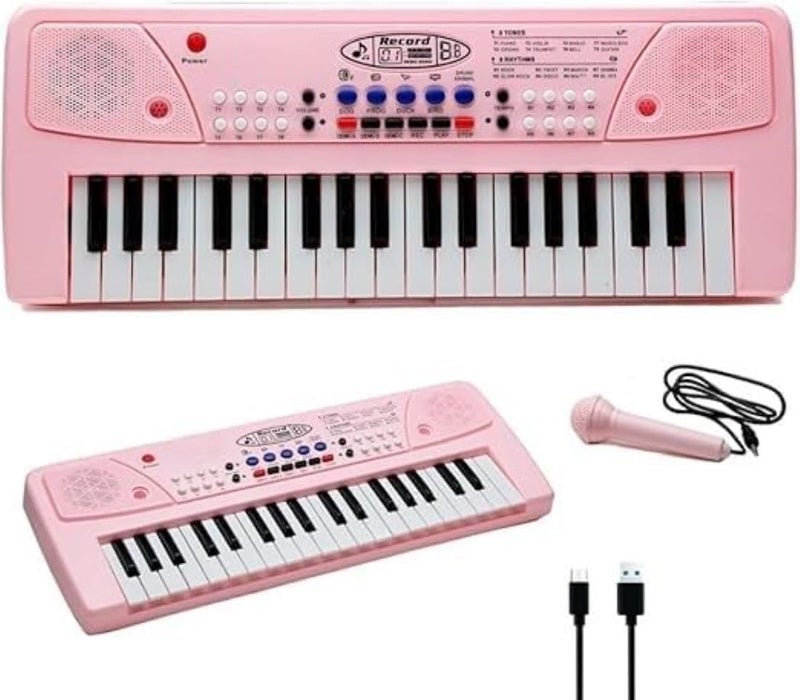 Braintastic بيانو أطفال مع ميكروفون، 37 مفتاح، 8 إيقاعات، 8 نغمات مع 6 ديمو مدمجة وميزة تسجيل الأغاني للأولاد والبنات (وردي) - Image 1