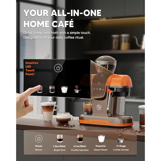 i cafilas Semi-Automatic Espresso Machine with Grinder & Steam Wand,Orange | 20-Bar,11 grind settings,NTC&PID control,Compact For homeoffice; 27 oz tank,Touch Panel,Milk Frother for Cappuccino & Latte - Image 2
