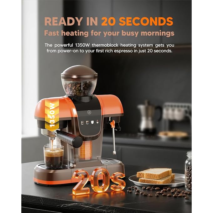 i cafilas Semi-Automatic Espresso Machine with Grinder & Steam Wand,Orange | 20-Bar,11 grind settings,NTC&PID control,Compact For homeoffice; 27 oz tank,Touch Panel,Milk Frother for Cappuccino & Latte - Image 3