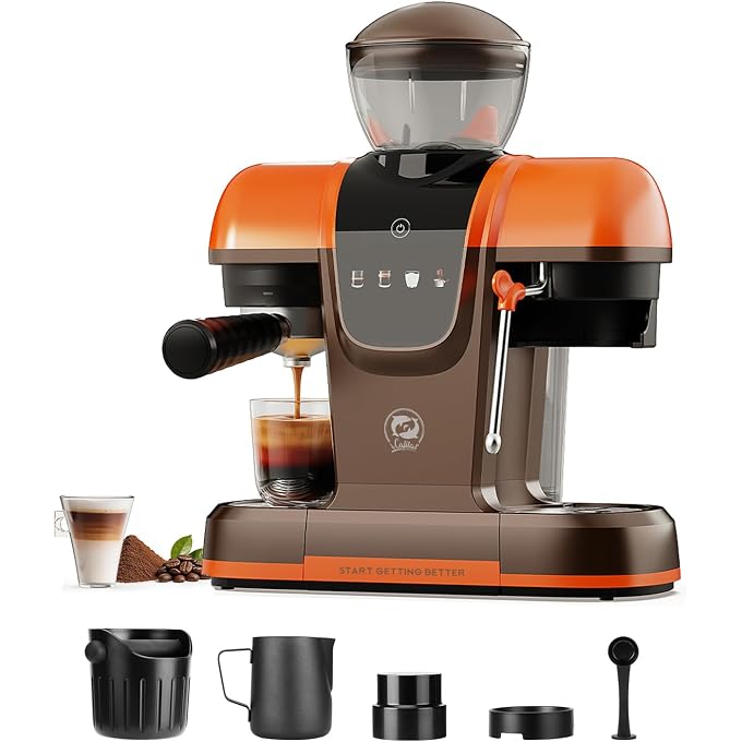 i cafilas Semi-Automatic Espresso Machine with Grinder & Steam Wand,Orange | 20-Bar,11 grind settings,NTC&PID control,Compact For homeoffice; 27 oz tank,Touch Panel,Milk Frother for Cappuccino & Latte - Image 1