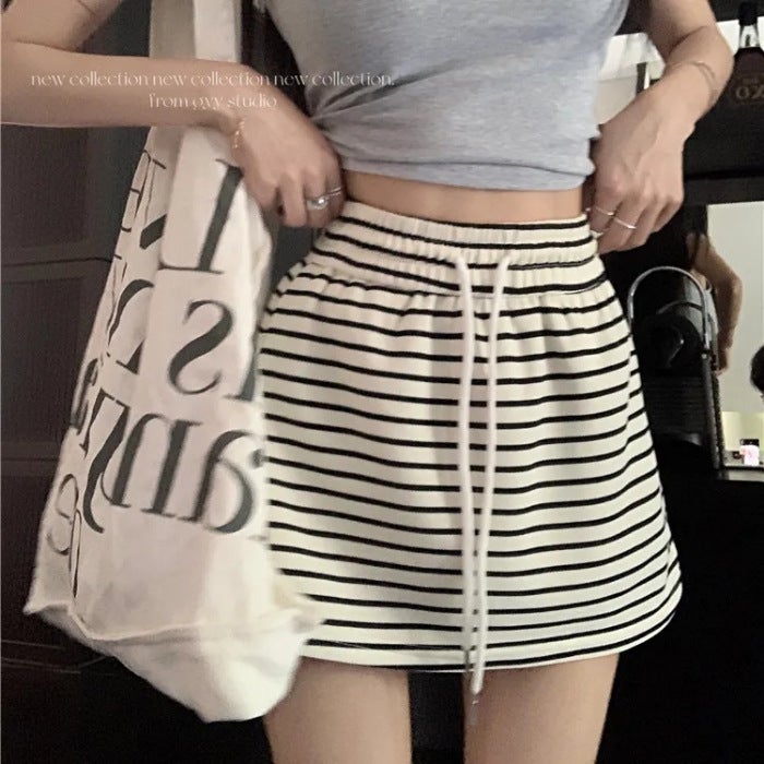 Elastic Waist Drawstring A-Line Skirt Summer 2024 Apricot (with pants)