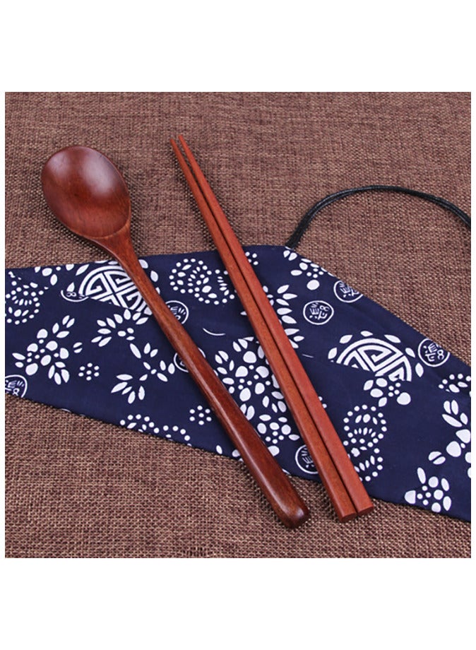 3-Piece Chopsticks And Spoon Cutlery Set Outdoor Camping Travel Utensils Reusable Tableware Spoon for Eating with Cloth Bag Brown  - Image 3