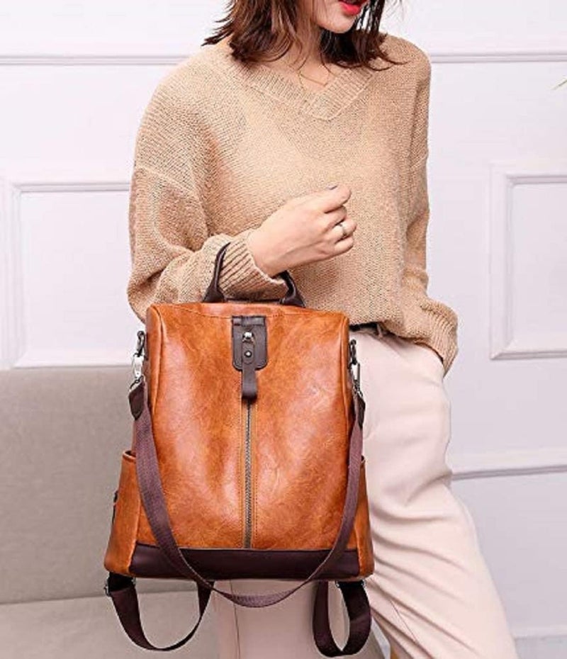 MUCHOVA Women's Fashion Standard Backpack Purses Multipurpose Design Handbags And Shoulder Bag Pu Leather Travel Bag Vegan Leather Girl'S Travel Casual (DoubleToneBrown) - Image 4
