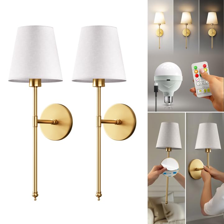 PRIDOLA Set of 2 Wireless Wall Sconces – Stick-On or Screw Mount - Rechargeable LED Bulbs, Remote Controlled, Adjustable Brightness & Warmth, Easy Installation, Living Room Wall Decor (Gold) - Image 1