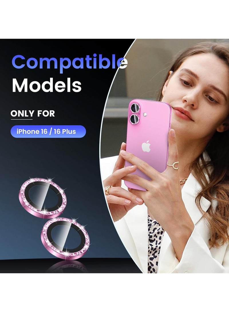 Camera Lens Protector for iPhone 16 Plus/iPhone 16, Shatterproof, Ultra-thin Aluminum Alloy Ring, Camera Lens Protective Film, (Gliter Pink)  - Image 2