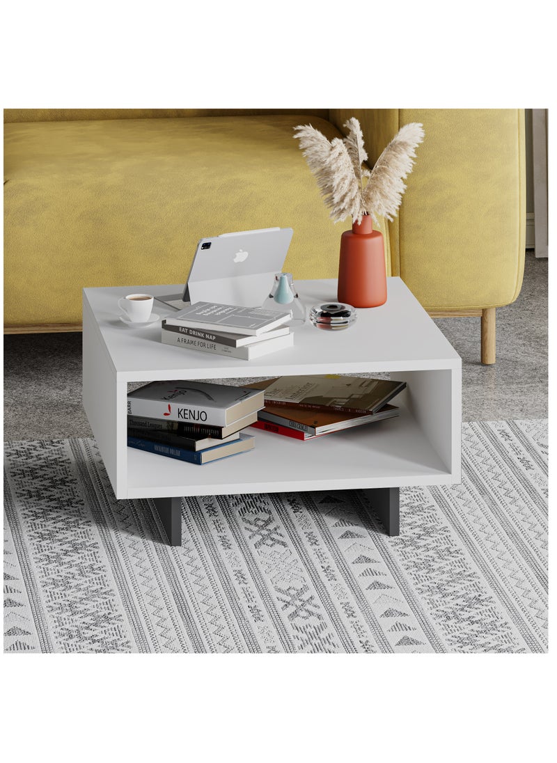 Mourah Home - Hola Modern Square Coffee Table Centre Table for Living Room Office Industrial Sofa Table| for Small Spaces Living Room Bedroom|32x60x60CM | White/Dark Grey - Image 1