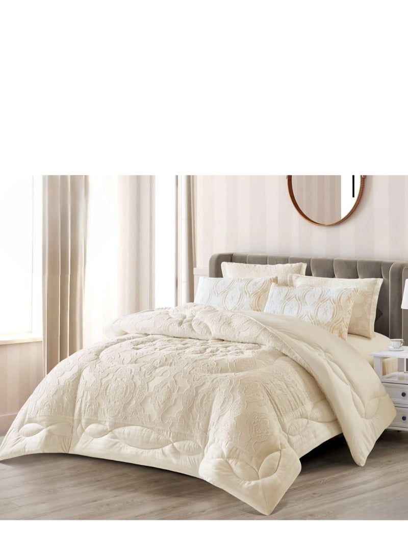 اكد مفرش نفرين بنمط النقش الفخم من خامات  الميكروفايبر 6 قطع مقاس  1 -لحاف260*240سم، 1 -شرشف مغاط 200*200*30سم، 2- كيس مخدة بديكور 75*50*5سم، 2- كيس مخدة 75*50سم. - Image 1