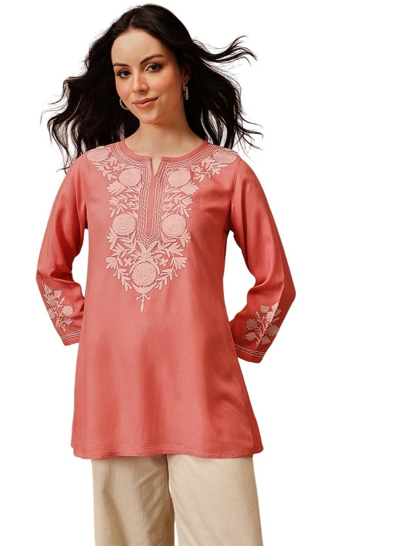 QAZMI Women's Kashmiri A-Line Flared Kurti_S Peach - Image 1