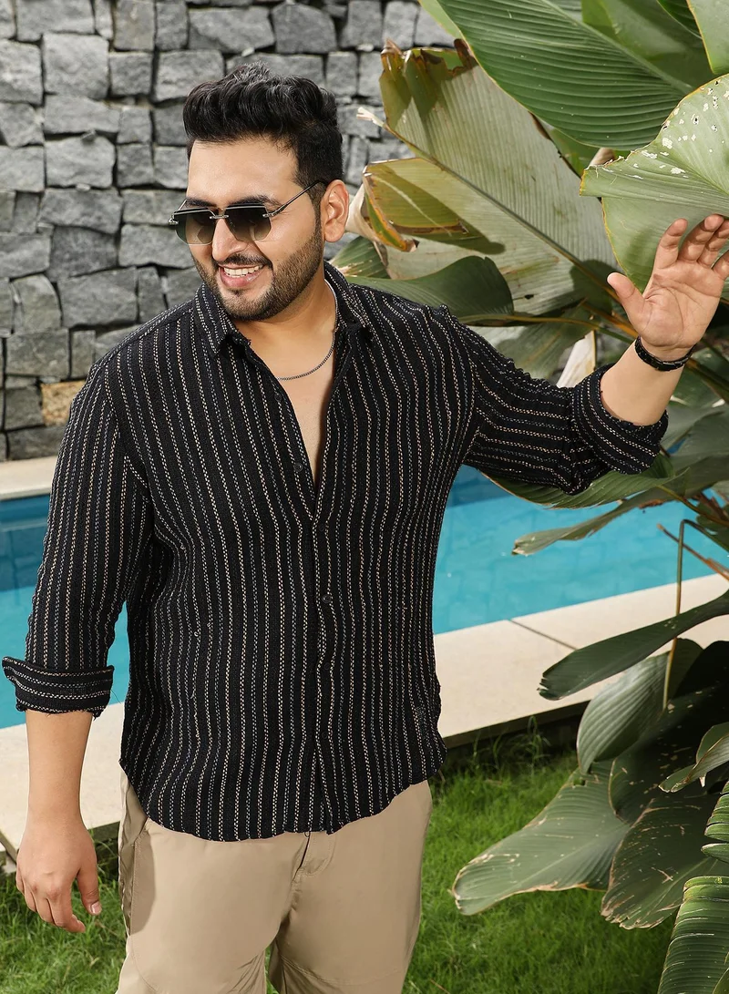 Instafab Plus Instafab Plus Men's Onyx Black Duo-Jacquard Striped Shirt | Spread Collar , Long Cuffed Sleeves , Button Closure , Curved Hemline | Stripes Jacquard Cotton Material For Evening & Party Wear