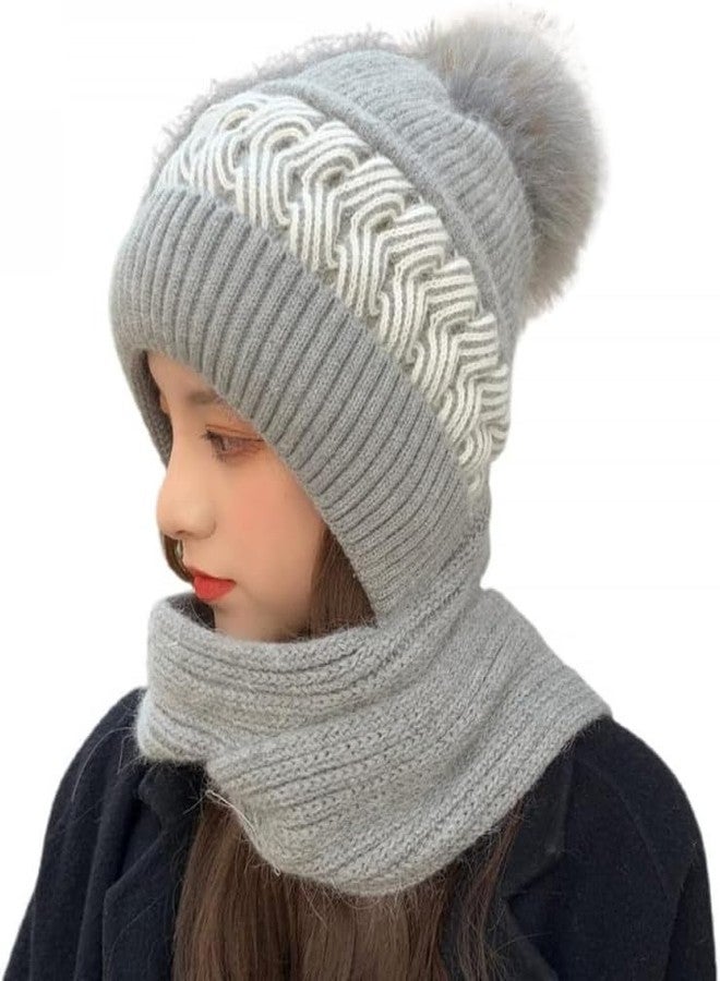 NIUE One-Piece Hat and Bib Cap, Ladies Hat, Female Korean Version Plus Velvet Warm Woolen Cap, Knitted Hooded Scarf with Ear Protection (Pack of 1) Grey - Image 1