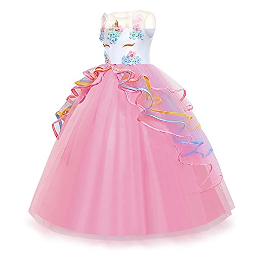 Yipkorra Unicorn Dress for Girls Unicorn Costume Pageant Princess Party Birthday Long Gown with Unicorn Headband & Necklace (Pink, 130 5-6 Years) - Image 2