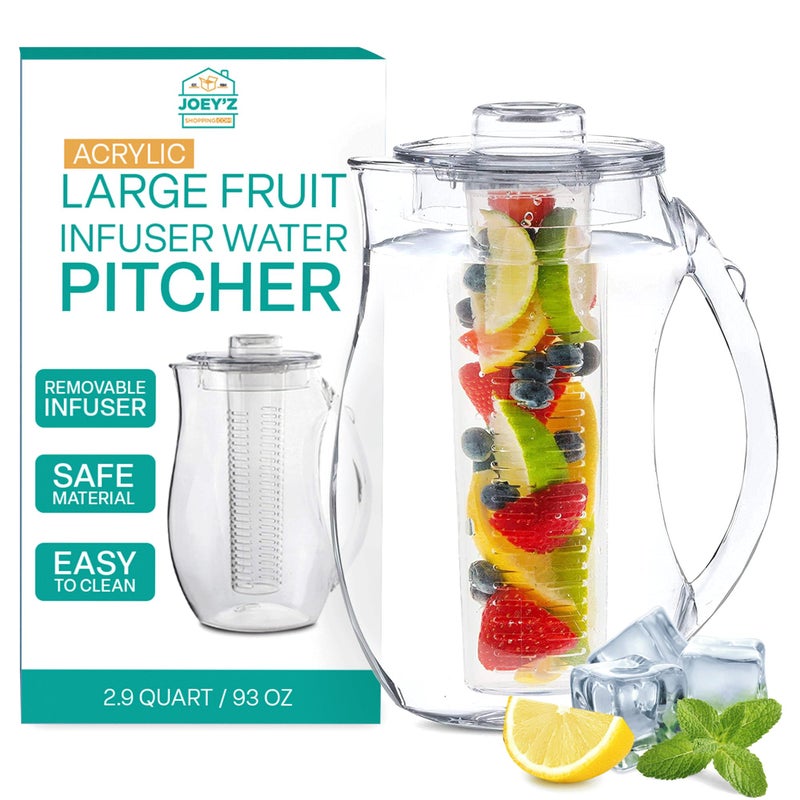 JOEY'Z Large Fruit Infuser Water Pitcher 29 Quart  93 Oz  Shatterproof Acrylic Infusion Jug for Iced Tea Juice Beverages Water Lemon Fruit  Herbs  BPA Free 
