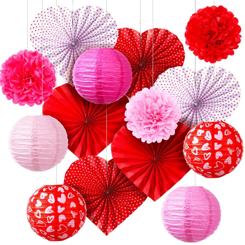 Baquler 14 Pcs Valentine's Day Decoration Set Include Valentine's Day Hanging Paper Lanterns Tissue Pom Poms Decor Hanging Heart Paper Fan for Party Supplies - Image 1