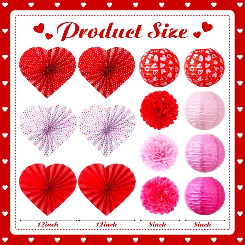 Baquler 14 Pcs Valentine's Day Decoration Set Include Valentine's Day Hanging Paper Lanterns Tissue Pom Poms Decor Hanging Heart Paper Fan for Party Supplies - Image 2