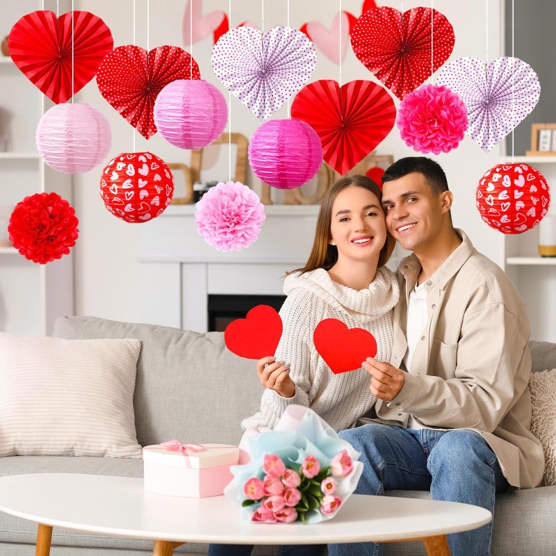 Baquler 14 Pcs Valentine's Day Decoration Set Include Valentine's Day Hanging Paper Lanterns Tissue Pom Poms Decor Hanging Heart Paper Fan for Party Supplies - Image 5