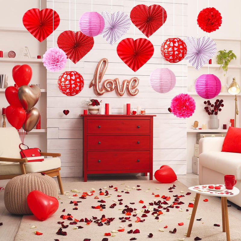 Baquler 14 Pcs Valentine's Day Decoration Set Include Valentine's Day Hanging Paper Lanterns Tissue Pom Poms Decor Hanging Heart Paper Fan for Party Supplies - Image 4