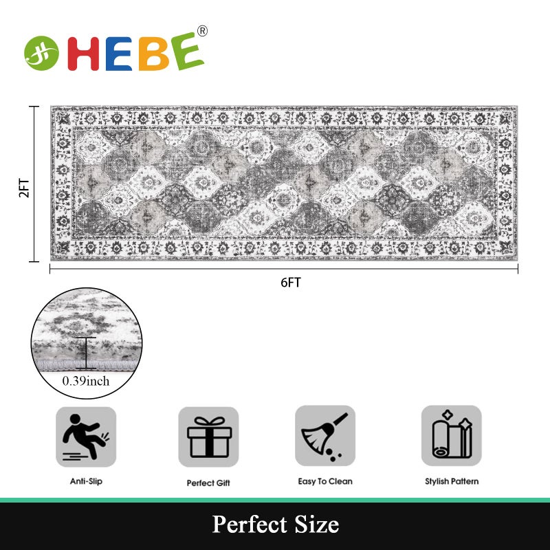 HEBE RUGS HEBE Hallway Runner Rug 2'x6' Washable Vintage Distressed Area Rugs Non Slip Laundry Rug Runner Boho Floor Carpet Runners for Hallways Entryway Laundry Room Kitchen Bathroom  - Image 2
