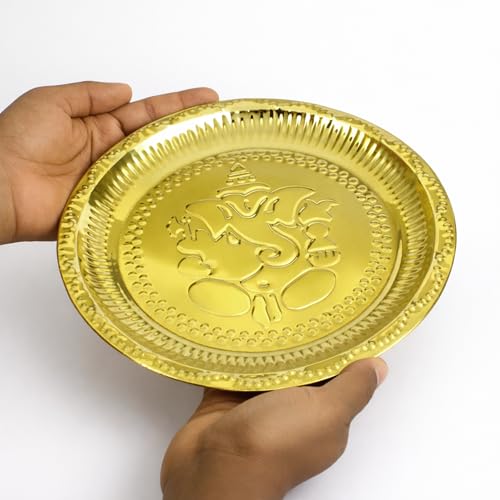 Putrika Brass Ganesha Pooja Thali 24.4 cm | Large Brass Plate for Mandir | Ganpati Engraved Pooja Dish for Diya, Kumkum, Prasad | Hindu Prayer Plate for Home Temple, Ganesh Chaturthi Decor [W: 118G] - Image 2