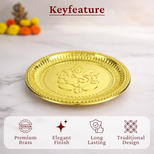 Putrika Brass Ganesha Pooja Thali 24.4 cm | Large Brass Plate for Mandir | Ganpati Engraved Pooja Dish for Diya, Kumkum, Prasad | Hindu Prayer Plate for Home Temple, Ganesh Chaturthi Decor [W: 118G] - Image 4