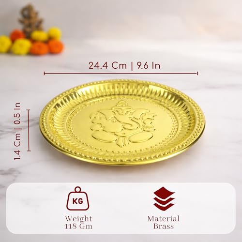 Putrika Brass Ganesha Pooja Thali 24.4 cm | Large Brass Plate for Mandir | Ganpati Engraved Pooja Dish for Diya, Kumkum, Prasad | Hindu Prayer Plate for Home Temple, Ganesh Chaturthi Decor [W: 118G] - Image 5