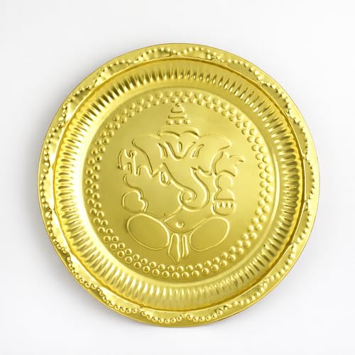 Putrika Brass Ganesha Pooja Thali 24.4 cm | Large Brass Plate for Mandir | Ganpati Engraved Pooja Dish for Diya, Kumkum, Prasad | Hindu Prayer Plate for Home Temple, Ganesh Chaturthi Decor [W: 118G] - Image 1
