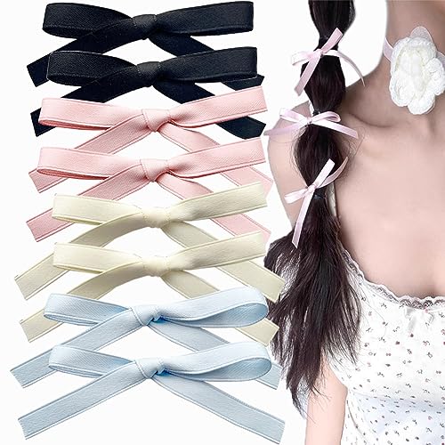 SALOCY Hair Bow Clips 8 Pcs Hair Ribbons Hair Bows for Women Girls  Pink Beige Black Blue Set1 Satin Bow Clamp