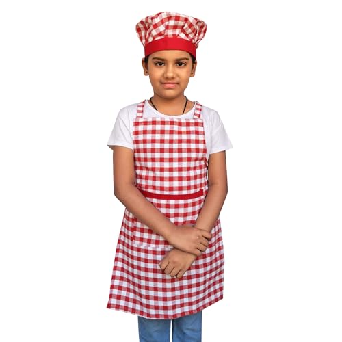 Switchon Waterproof Kids Multi Purpose Cooking Painting and School checkered kids Apron with Chef cap for 5 Yrs to 12 yrs (Red_White) - Image 2