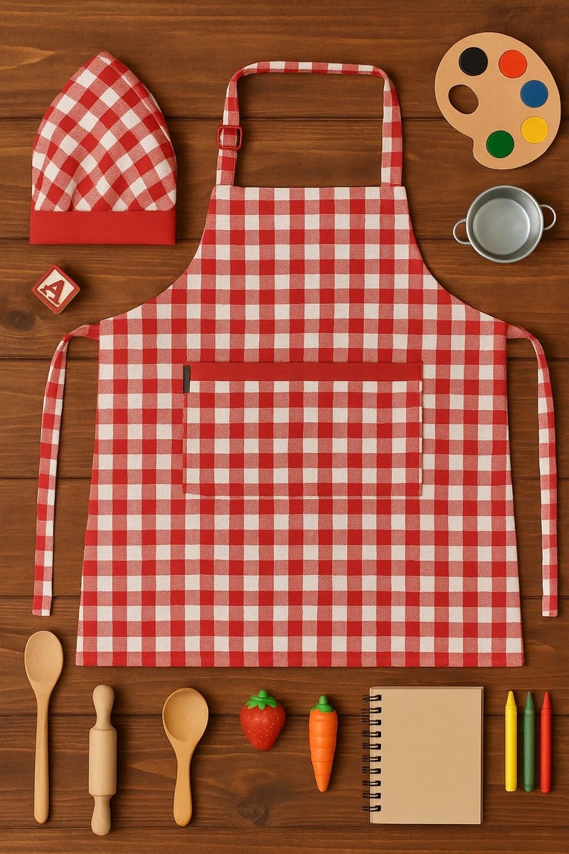 Switchon Waterproof Kids Multi Purpose Cooking Painting and School checkered kids Apron with Chef cap for 5 Yrs to 12 yrs (Red_White) - Image 5