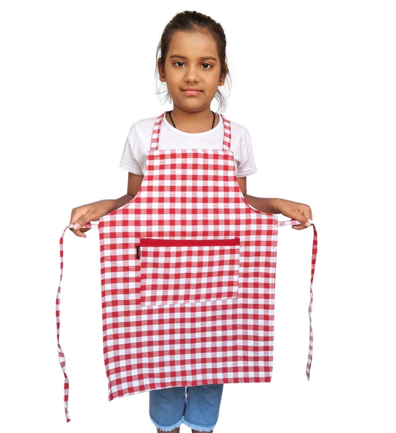 Switchon Waterproof Kids Multi Purpose Cooking Painting and School checkered kids Apron with Chef cap for 5 Yrs to 12 yrs (Red_White) - Image 3