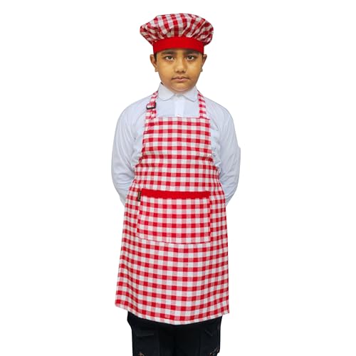 Switchon Waterproof Kids Multi Purpose Cooking Painting and School checkered kids Apron with Chef cap for 5 Yrs to 12 yrs (Red_White) - Image 1