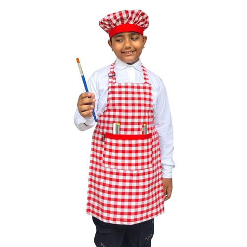Switchon Waterproof Kids Multi Purpose Cooking Painting and School checkered kids Apron with Chef cap for 5 Yrs to 12 yrs (Red_White) - Image 4