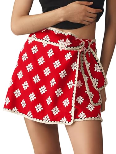 Breoklla Mini Wrap Skort for Women Flowy Bodycon Print Shirt Short Elastic Waist Fall Casual Beige Skort(Red,M) - Image 3
