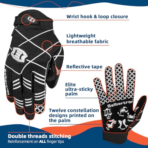 Seibertron Pro 30 Twelve Constellations Elite UltraStick Sports Receiver Glove Football Gloves fit for Youth Child Kids Black M - Image 3