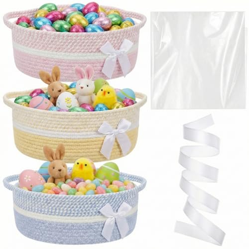 Colingmill 3 Pack Graduation Small Bow Woven Basket Empty with Handles Gift Bags and Ribbon 12 x 8 x 5 Gift Baskets to Fill Storage Box Pet Toy Wedding PresentsCandy Color - Image 1