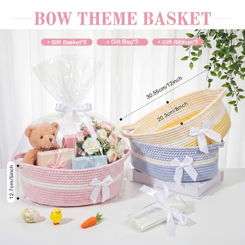 Colingmill 3 Pack Graduation Small Bow Woven Basket Empty with Handles Gift Bags and Ribbon 12 x 8 x 5 Gift Baskets to Fill Storage Box Pet Toy Wedding PresentsCandy Color - Image 3