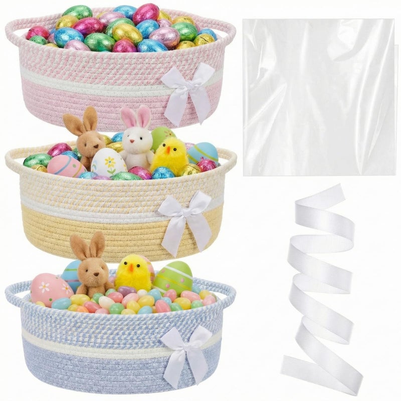 Colingmill 3 Pack Graduation Small Bow Woven Basket Empty with Handles Gift Bags and Ribbon 12 x 8 x 5 Gift Baskets to Fill Storage Box Pet Toy Wedding PresentsCandy Color - Image 2