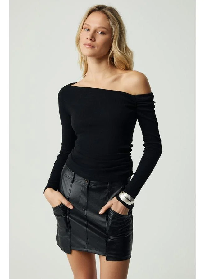 GRIMELANGE SISSI Women's Organic Cotton Asymmetric Neckline Ruched Flexible Fabric Black Blouse.