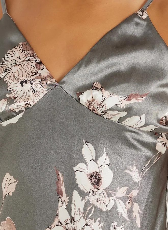 Styli Satin Floral Print Slip Dress
