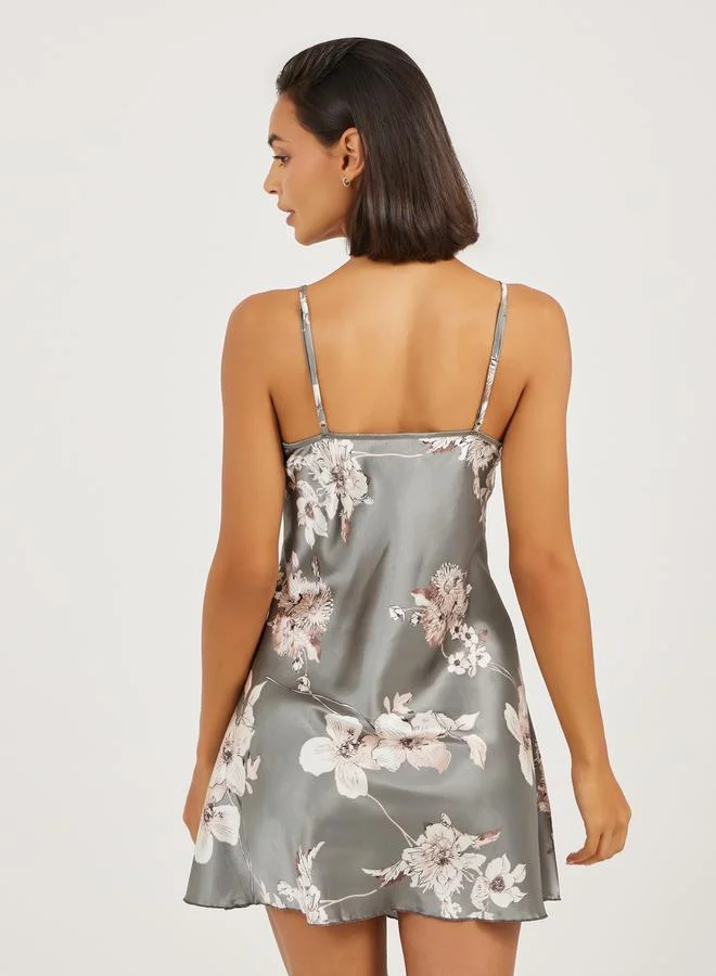 Styli Satin Floral Print Slip Dress